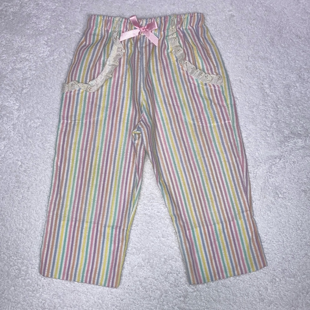 Vintage Buster Brown seersucker pastel striped pants lace bow elastic waist 2t